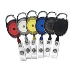 BRADY PEOPLE ID, BLACK PREMIER CARABINER BADGE REEL WITH CLEAR VINYL STRAP AND SPRING CLIP, CORD LENGTH 34